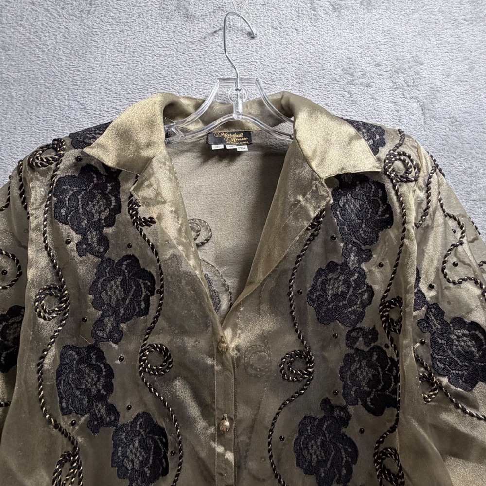 Marshall Rousso Blouse Womens S Gold Sheer Mesh Floral Lace Beaded Button Front - Picture 4 of 10